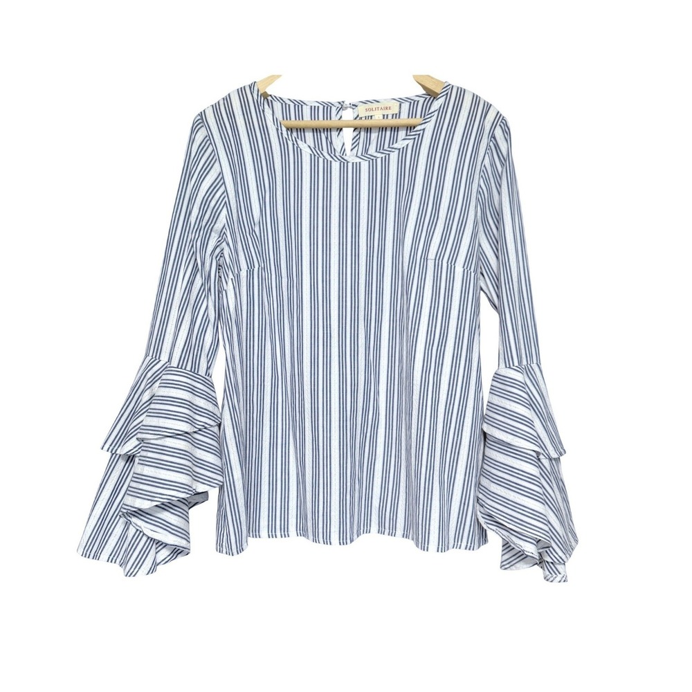 Solitaire Anthropologie Top Womens L Blue Striped Tiered Ruffle Sleeve‎ Cotton